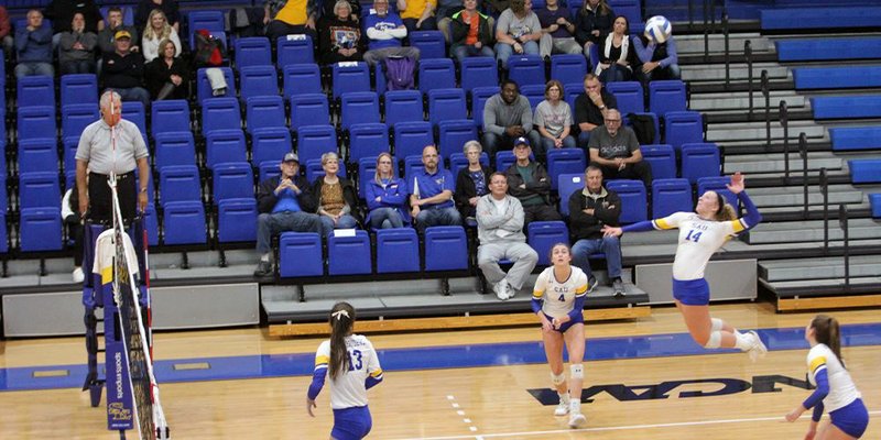 SAU’s Morgan Gross goes up for a serve during a recent match. (Photo by SAU Sports)
