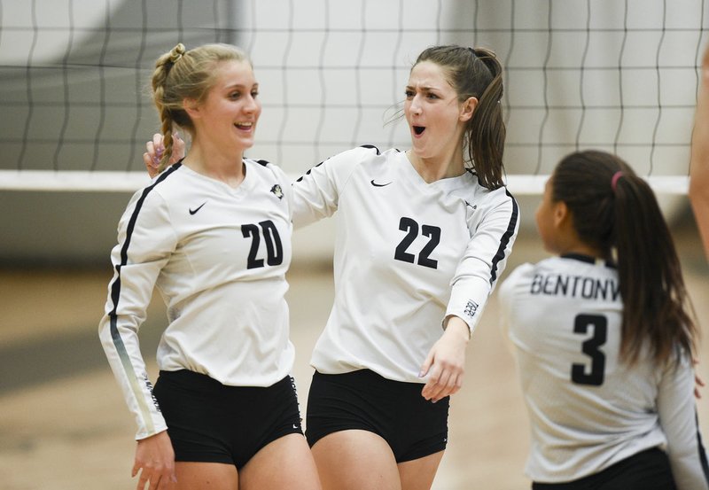 NWA Democrat-Gazette/CHARLIE KAIJO Bentonville High School Savanna Riney (20) and Maddie Breed (22) react, Thursday, October 10, 2019 during a volleyball game at Tiger Arena at Bentonville High School in Bentonville.