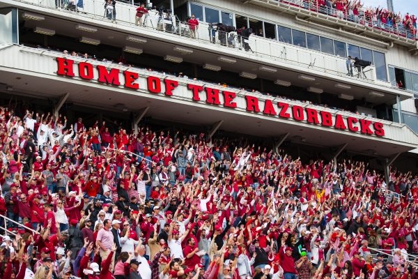 The crowd is shown calling the Hogs at Donald W. Reynolds Razorback Stadium at the University of Arkansas in Fayetteville on Saturday, Oct. 19, 2019.