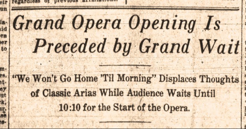 Headlines from the front page report about the Chicago Opera Company's Aida in the Nov. 2, 1919, Arkansas Gazette. (Arkansas Democrat-Gazete)