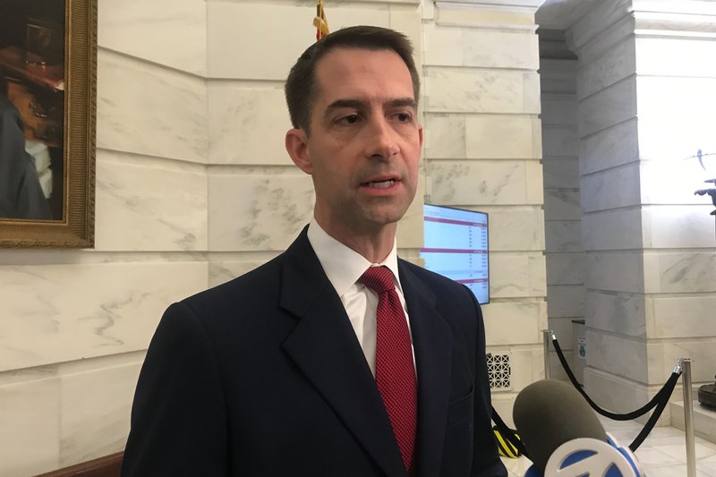 Republican U.S. Sen. Tom Cotton talks to reporters after filing for re-election at the Arkansas state Capitol in Little Rock, Arkansas on Monday. - Photo by Andrew Demillo of The Associated Press