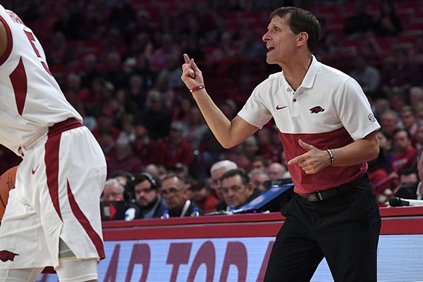 Arkansas coach Eric Musselman is shown during a game against Rice on Tuesday, Nov. 5, 2019, in Fayetteville.