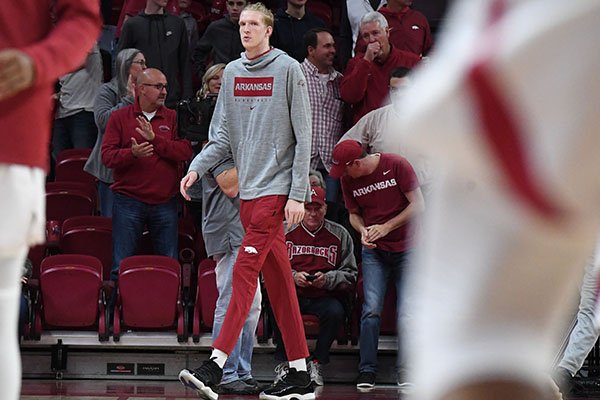 Connor Vanover is shown prior to a basketball game between Arkansas and Rice on Tuesday, Nov. 5, 2019, in Fayetteville. Vanover, a sophomore from Little Rock who played his freshman season at California, will have to sit out the 2019-20 season after his waiver for immediate playing time was denied by the NCAA.