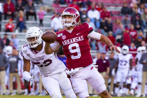 Arkansas Freshman John Stephen Jones (9) shotputs the ball in the 3rd quarter against Mississippi State
at Donald W. Reynolds Stadium, Fayetteville, on Saturday, November 2, 2019