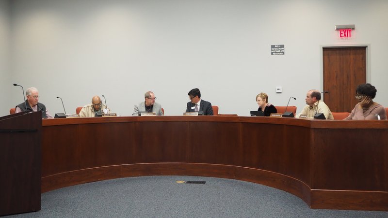 The Magnolia School Board of Education hears construction updates from Superintendent John Ward (middle right) during a Nov. 4 meeting. Also pictured (L-R) are School Board members Roger Loper, William Watson, Mike Waters, Steven Souter, and Lynsandra Curry. 
