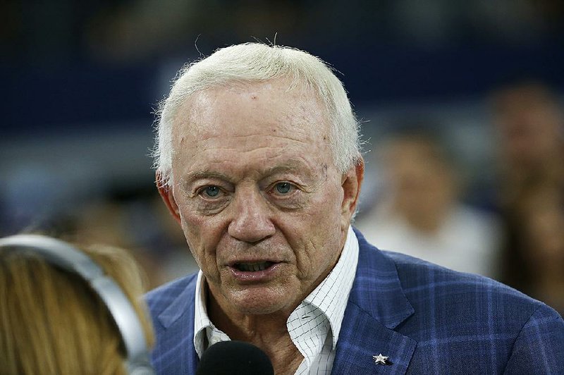 Dallas Cowboys team owner Jerry Jones talks to a broadcast reporter before a preseason NFL football game against the Houston Texans in Arlington, Texas, Saturday, Aug. 24, 2019.