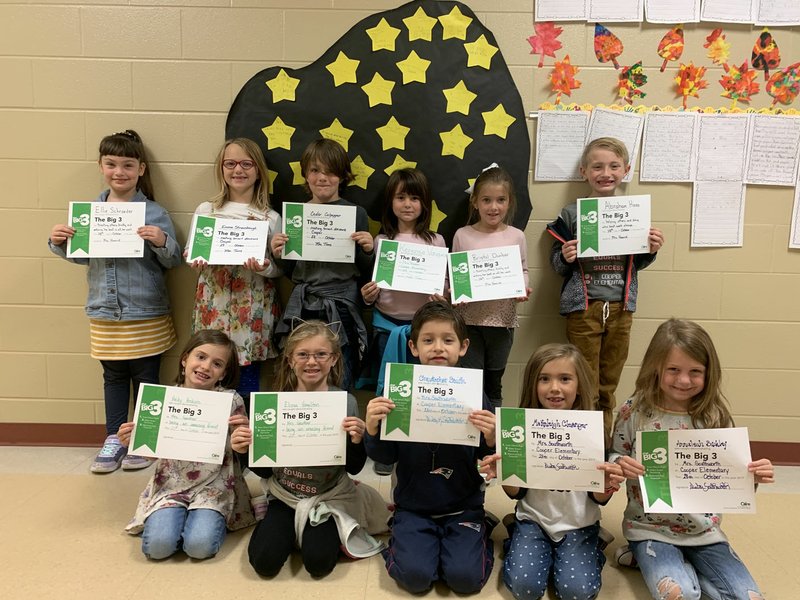 Photo submitted Students in first grade awarded their Big 3 certificates were, Hailey Hoskins (front, left), Elissa Hamilton, Christopher Smith, McKinleigh Clevenger, Annaleah Buckley, Ellie Schroeder (back, left), Emma Strausbaugh, Cedar Culpepper, Kerensa Vasquez, Bristol Dunbar and Abraham Haas.