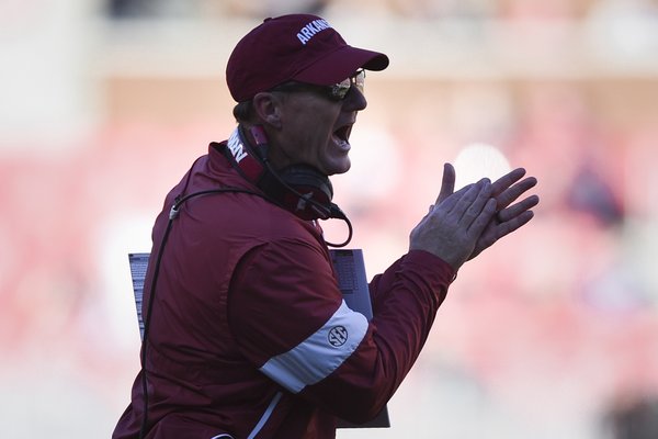 Arkansas head coach Chad Morris reacts, Saturday, November 2, 2019 during the second quarter of a football game at Donald W. Reynolds Razorback Stadium in Fayetteville.