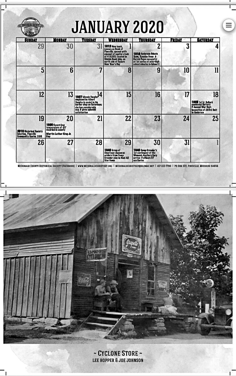 Photo submitted The Cyclone Store is one of several places in McDonald County to be featured in the 2020 calendar produced by the McDonald County Historical Society.