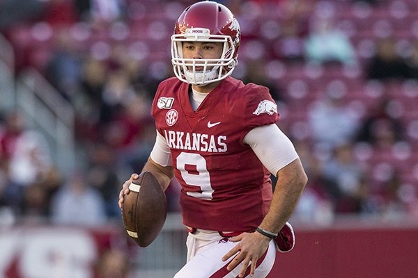 Arkansas quarterback John Stephen Jones looks to pass during a game against Mississippi State on Saturday, Nov. 2, 2019, in Fayetteville.