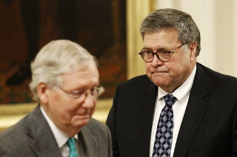 Senate Majority Leader Mitch McConnell (left) and Attorney General William Barr attend an event Wednesday at the White House on judicial appointments. More photos at arkansasonline.com/118barr/ 