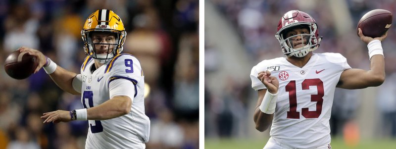 This combo of file photos shows, from left to right, LSU quarterback Joe Burrow and Alabama quarterback Tua Tagovailoa. A high-stakes tilt between LSU and Alabama could prove as pivotal in Heisman Trophy voting as it is in providing the winner an inside track to the College Football Playoff. 