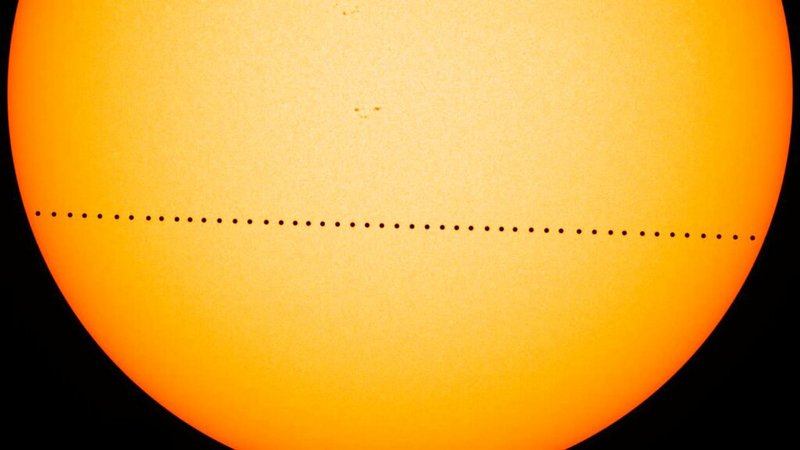 In this composite image provided by NASA, the planet Mercury passes directly between the sun and Earth on May 9, 2016 in a transit which lasted seven-and-a-half-hours. On Monday, Nov. 11, 2019, Mercury will make another transit, visible from the eastern U.S. and Canada, and all Central and South America. The rest of North America, Europe and Africa will catch part of the action. Asia and Australia will miss out. (NASA's Goddard Space Flight Center/SDO/Genna Duberstein via AP) story.lead_photo.caption