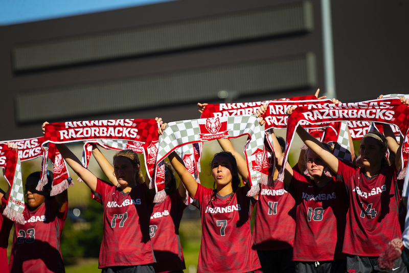 The Arkansas Razorback women's soccer team calls the Hogs at the end of the game against Georgia at Razorback Field in Fayetteville on Sunday, October 27, 2019. - Special to NWA Democrat Gazette David Beach
