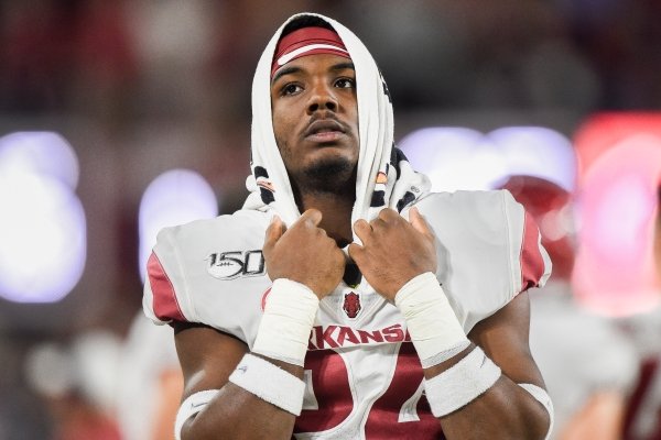 Arkansas running back A’Montae Spivey (24) reacts, Saturday, October 26, 2019 during the third quarter of a football game at Bryant-Denny Stadium in Tuscaloosa, Ala.