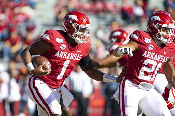 Arkansas quarterback KJ Jefferson (1) runs with the ball during a game against Western Kentucky on Saturday, Nov. 9, 2019, in Fayetteville. 