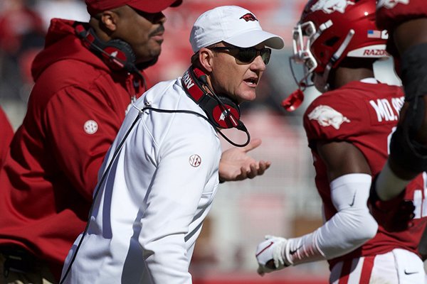Arkansas coach Chad Morris is shown on the sideline during a game against Western Kentucky on Saturday, Nov. 9, 2019, in Fayetteville.