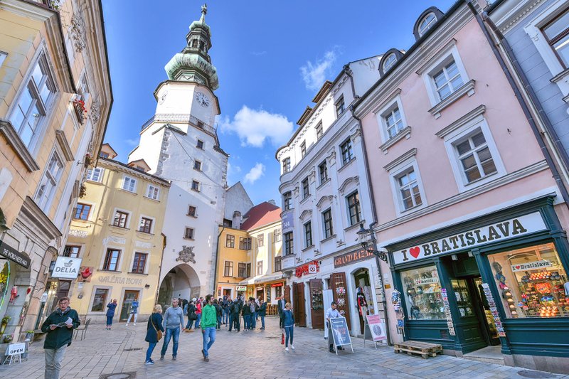 St. Michael's Gate in Bratislava's old town is the last surviving tower of the city wall. (Photo by Cameron Hewitt via Rick Steves' Europe)