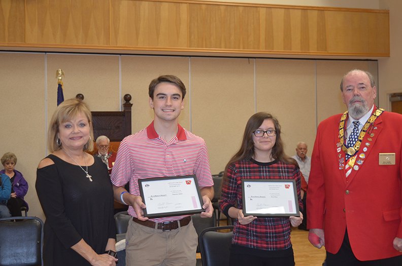 Zoie Keys, daughter of Chris and Candyce Keys, second from right, and Pearson Hafer, son of David and Amy Hafer, second from left, were recently selected as outstanding students from Lake Hamilton High School by Elks Lodge No. 380. They were honored at the October Elks meeting for their "socialistic achievement and their community work," according to a news release. From left are scholarship Chair Jackie Holloway, Hafer, Keys, and Exalted Ruler Bills Sams. - Submitted photo