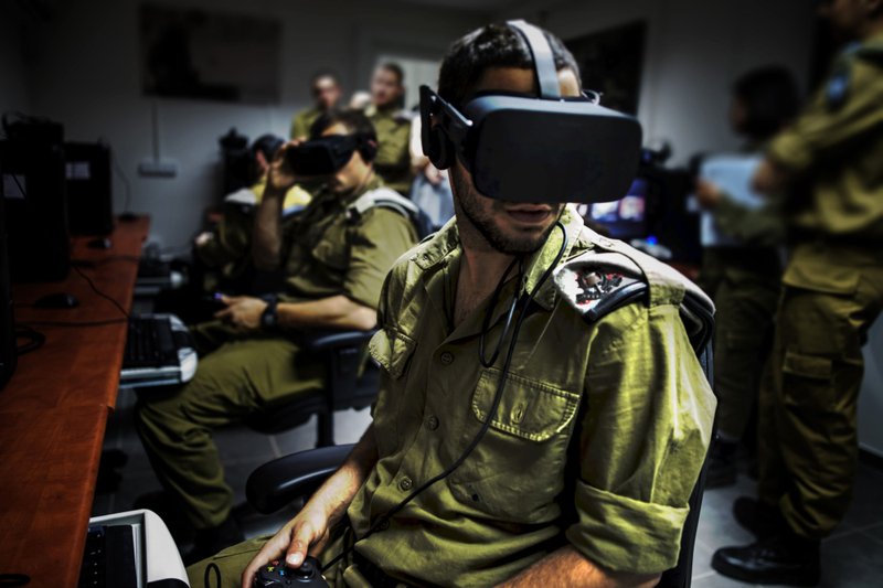 Israeli soldiers use virtual reality battlefield technology in a training exercise in Petach Tikva in 2017. Technology exports are key in Israel’s efforts to boost trade. 