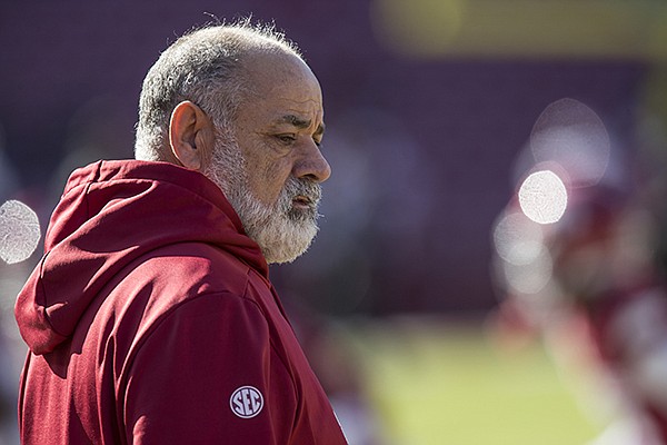 Arkansas defensive coordinator John Chavis is shown during a game against Western Kentucky on Saturday, Nov. 9, 2019, in Fayetteville. 