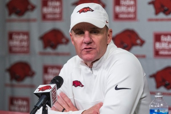 Chad Morris, Arkansas head coach, speaks during the post game press conference following the loss to Western Kentucky Saturday, Nov. 9, 2019, at Reynolds Razorback Stadium in Fayetteville.