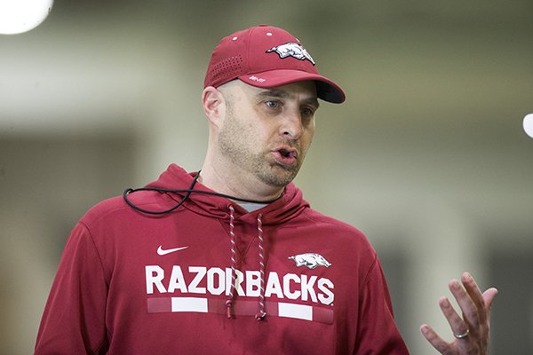 Arkansas tight ends coach Barry Lunney Jr. is shown during practice Thursday, March 1, 2018, in Fayetteville. 