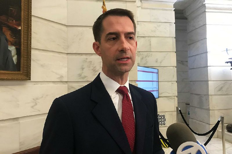 Republican U.S. Sen. Tom Cotton talks to reporters after filing for re-election at the Arkansas state Capitol in Little Rock, Arkansas on Monday, November 4, 2019. Cotton and Democratic challenger Josh Mahony were among dozens of people who made their candidacies official on the first day of filing for the 2020 election.