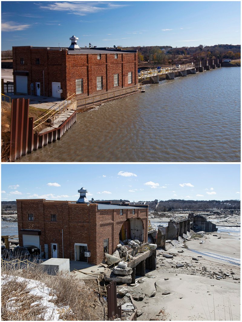 This combination of photos provided by the Nebraska Department of Natural Resources, shows the Spencer Dam near Spencer, Neb., in November 2013, top, when it was holding back water on the Niobrara River and again in March 2019, after the dam failed during a flood. State inspectors had given the dam a "fair" rating less than a year earlier. Until it failed, it looked little different from thousands of others across the U.S., and that could portend a problem. - Nebraska Department of Natural Resources via AP