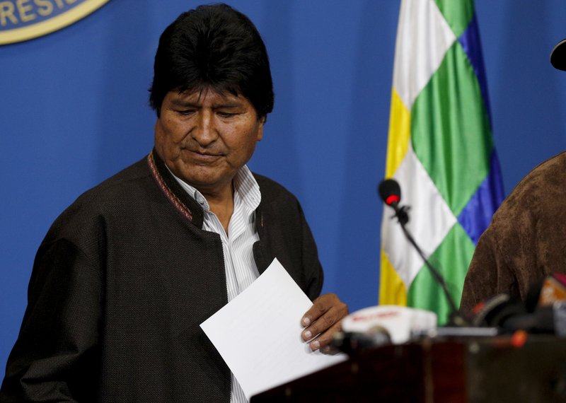 Bolivia's President Evo Morales looks down during a press conference in La Paz, Bolivia, on Sunday, Nov. 10, 2019. - AP Photo/Juan Karita