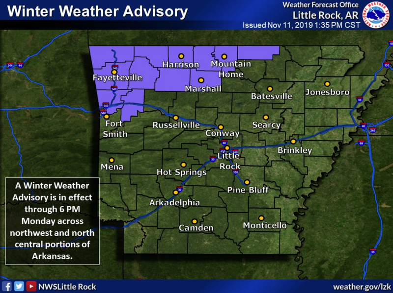 Parts of Arkansas continued under a winter weather advisory set to last until 6 p.m. Monday.