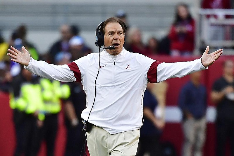Alabama head coach Nick Saban reacts on the sidelines in the first half of an NCAA college football game against LSU, Saturday, Nov. 9, 2019, in Tuscaloosa , Ala. 