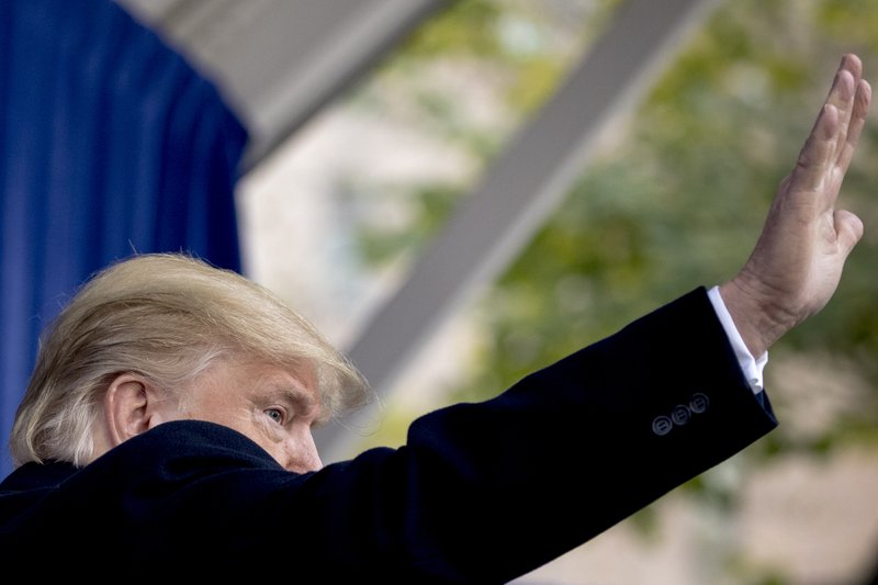 President Donald Trump departs after participating in a wreath laying ceremony at the New York City Veterans Day Parade at Madison Square Park, in Washington, Monday, Nov. 11, 2019. (AP Photo/Andrew Harnik)