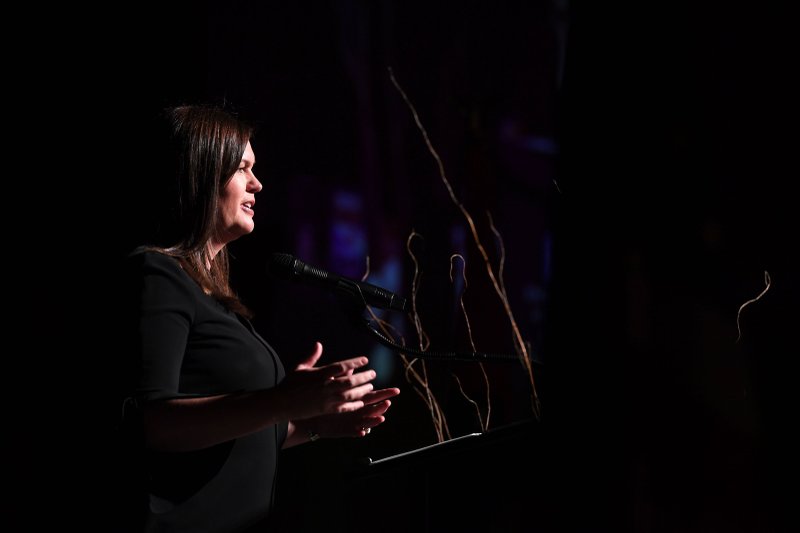 NWA Democrat-Gazette/J.T. WAMPLER Sarah Huckabee Sanders, former White House press secretary, speaks Monday Nov. 11, 2019 at the annual Reagan Day Dinner of the Republicans of Benton County held at the John Q. Hammons Center in Rogers. 