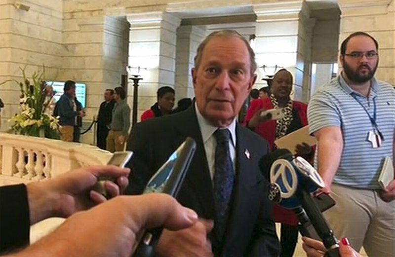 Former New York City Mayor Michael Bloomberg talks to the media after filing paperwork to appear on the ballot in Arkansas' March 3 presidential primary, Tuesday, Nov. 12, 2019 in Little Rock, Ark. Bloomberg hasn't formally announced a bid for the Democratic presidential nomination, but his trip to Arkansas on Tuesday is the latest indication that he is leaning toward a run. (AP Photo/APTN)