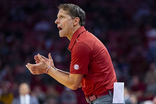 Arkansas men's basketball coach Eric Musselman is shown during a game against North Texas on Tuesday, Nov. 12, 2019, in Fayetteville. 