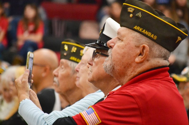 TIMES photograph by Annette Beard Veterans Jerry Burton, John Ruddick and Bob Hauter were among the many veterans honored by Pea Ridge High School students at the annual Veterans Day Assembly Monday, Nov. 11, 2019. See page 5B for more.