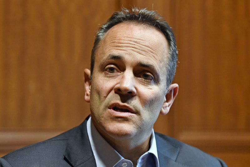 Kentucky Gov. Matt Bevin discusses the upcoming recanvass of the governor's race in Frankfort, Ky., Wednesday, Nov. 13, 2019. (AP Photo/Timothy D. Easley)