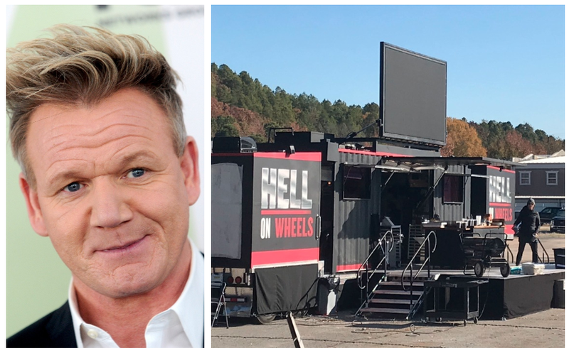 At left, celebrity chef Gordon Ramsay is shown in a file photo. At right, the Hell on Wheels truck from his show "24 Hours to Hell and Back" is parked near South Boulevard in North Little Rock. (Dennis Van Tine/Abaca Press/TNS and Josh Snyder/Arkansas Democrat-Gazette)