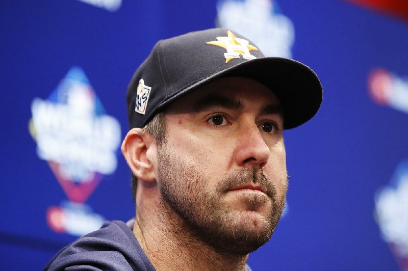 Houston Astros starting pitcher Justin Verlander speaks during a news conference before Game 5 of the baseball World Series against the Washington Nationals Sunday, Oct. 27, 2019, in Washington. 