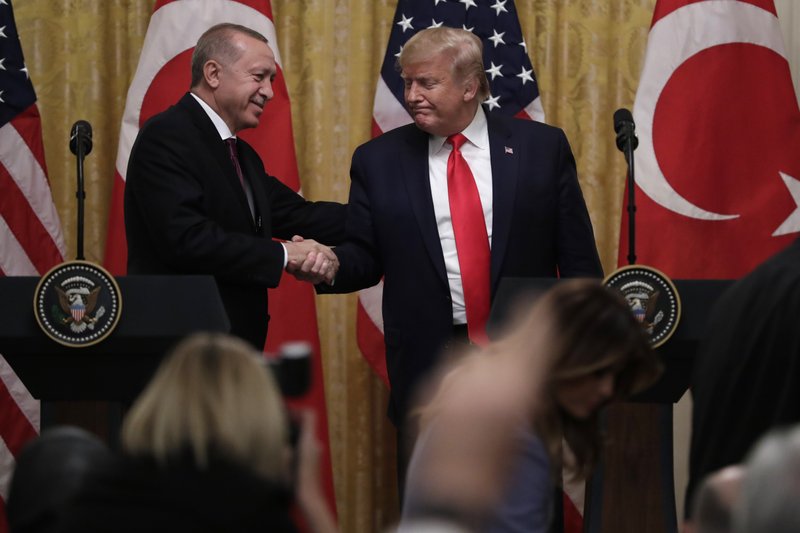 President Donald Trump shakes hands with Turkish President Recep Tayyip Erdogan after a news conference in the East Room of the White House on Wednesday n Washington. - Photo by Evan Vucci of The Associated Press