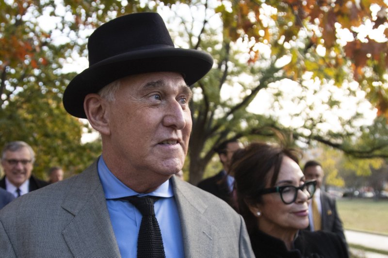 Roger Stone with his wife Nydia Stone, right, leave federal court Washington, Tuesday, Nov. 12, 2019. Stone, a longtime Republican provocateur and former confidant of President Donald Trump, wanted to contact Jared Kushner in order to &quot;debrief&quot; the president's son-in-law about hacked emails that were damaging to Hillary Clinton during the 2016 presidential campaign, a former Trump campaign aide said Tuesday. (AP Photo/Manuel Balce Ceneta)