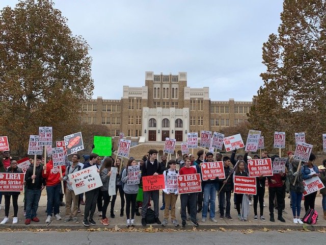 Protesters gather in front of Central High School on Thursday morning.