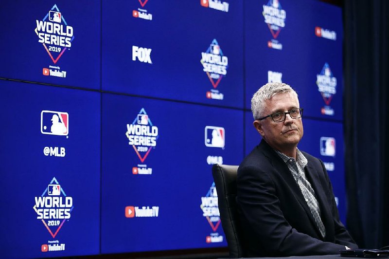Houston Astros general manager Jeff Luhnow speaks at a news conference Thursday, Oct. 24, 2019, in Washington. (AP Photo/Patrick Semansky)