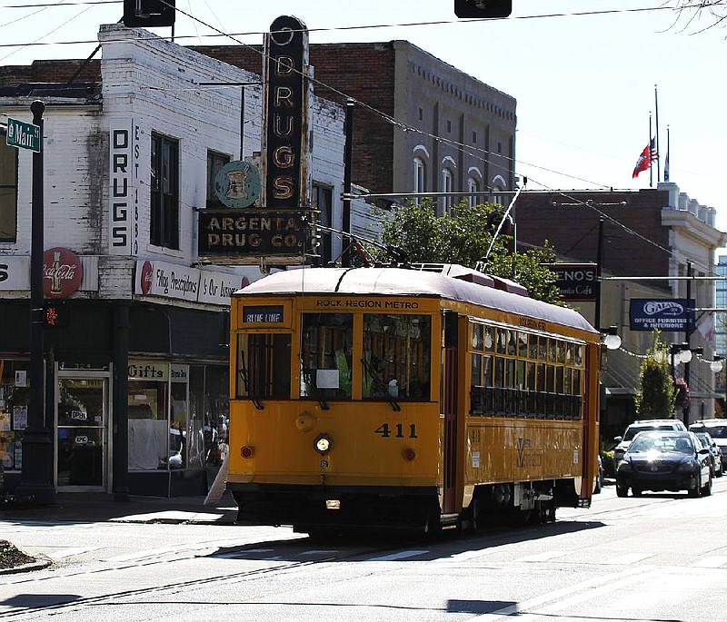 Arkansas Democrat-Gazette/THOMAS METTHE -- 11/2/2019 --
The River Rail Trolley makes its way up Main street in downtown North Little Rock on Saturday, Nov. 2, 2019. 