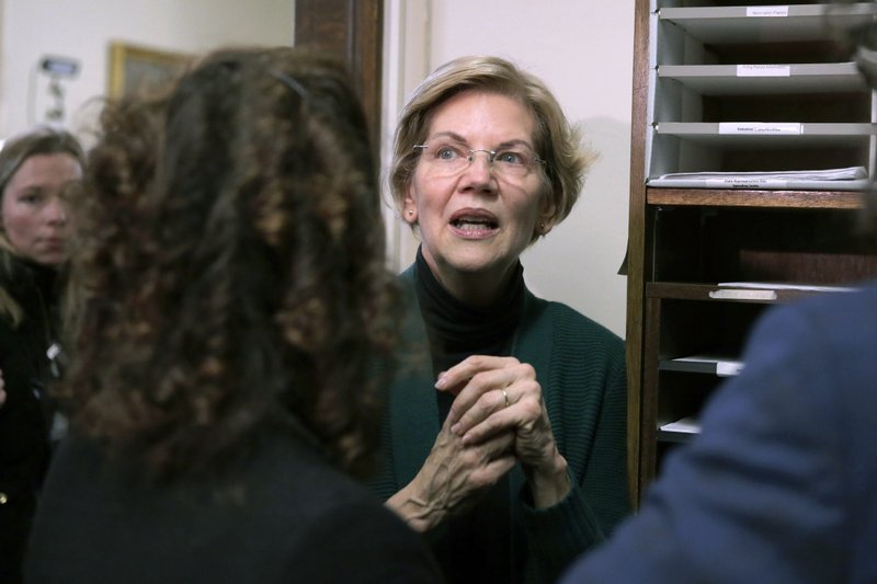 Democratic presidential candidate Sen. Elizabeth Warren, D-Mass., speaks with supporters after filing to have her name listed on the New Hampshire primary ballot, Wednesday, Nov. 13, 2019, in Concord, N.H. (AP Photo/Charles Krupa)