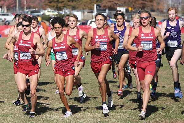 Arkansas runners are shown at the starting line during the NCAA South Regional on Friday, Nov. 15, 2019, at Agri Park in Fayetteville.
