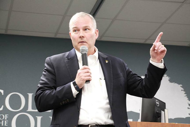 Arkansas Lt. Gov. Tim Griffin speaks in front of a crowd Nov. 7 at College of the Ouachitas in Malvern. Griffin was one of the many dignitaries on hand to help announce the $1.9 million federal grant awarded to Malvern and Hot Spring County. The grant will be used to place sewer and water services throughout the industrial park in the city.