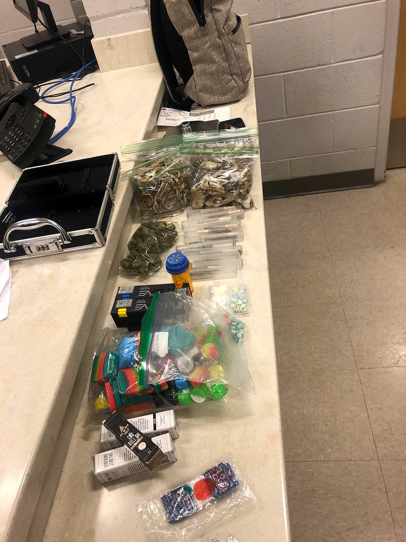 A large and varied assortment of drugs, including mushrooms, marijuana, LSD and pills, were recovered in a traffic stop Thursday afternoon resulting in the arrest of Christopher Dante Williams, 20, of Hot Springs, on multiple charges. - Submitted photo