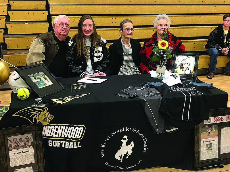 Smackover's Karli Goocher signed a letter of intent to play softball at Lindenwood University on Thursday. Pictured, from left, Neal McLelland, Goocher, Pat Leveritt and Loraine McLelland. Lindenwood University is located in St. Charles, Missouri.